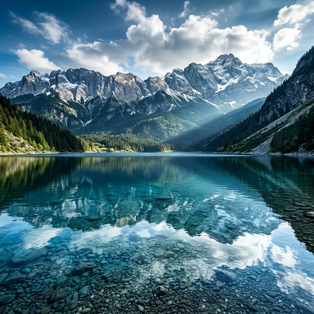 Lac de montagne aux eaux transparentes sous un ciel nuageux