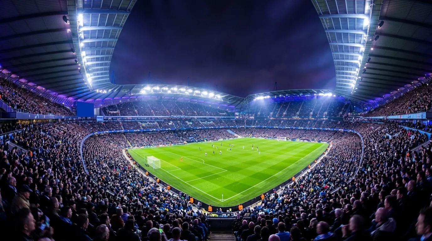 Tribunes pleines d’un stade de football éclairé de nuit