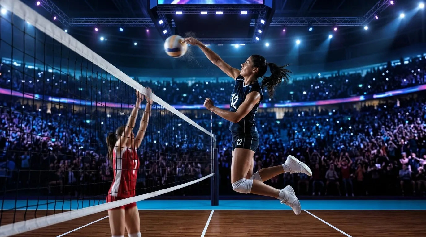 Joueuse de volley-ball en pleine attaque au filet dans une salle comble